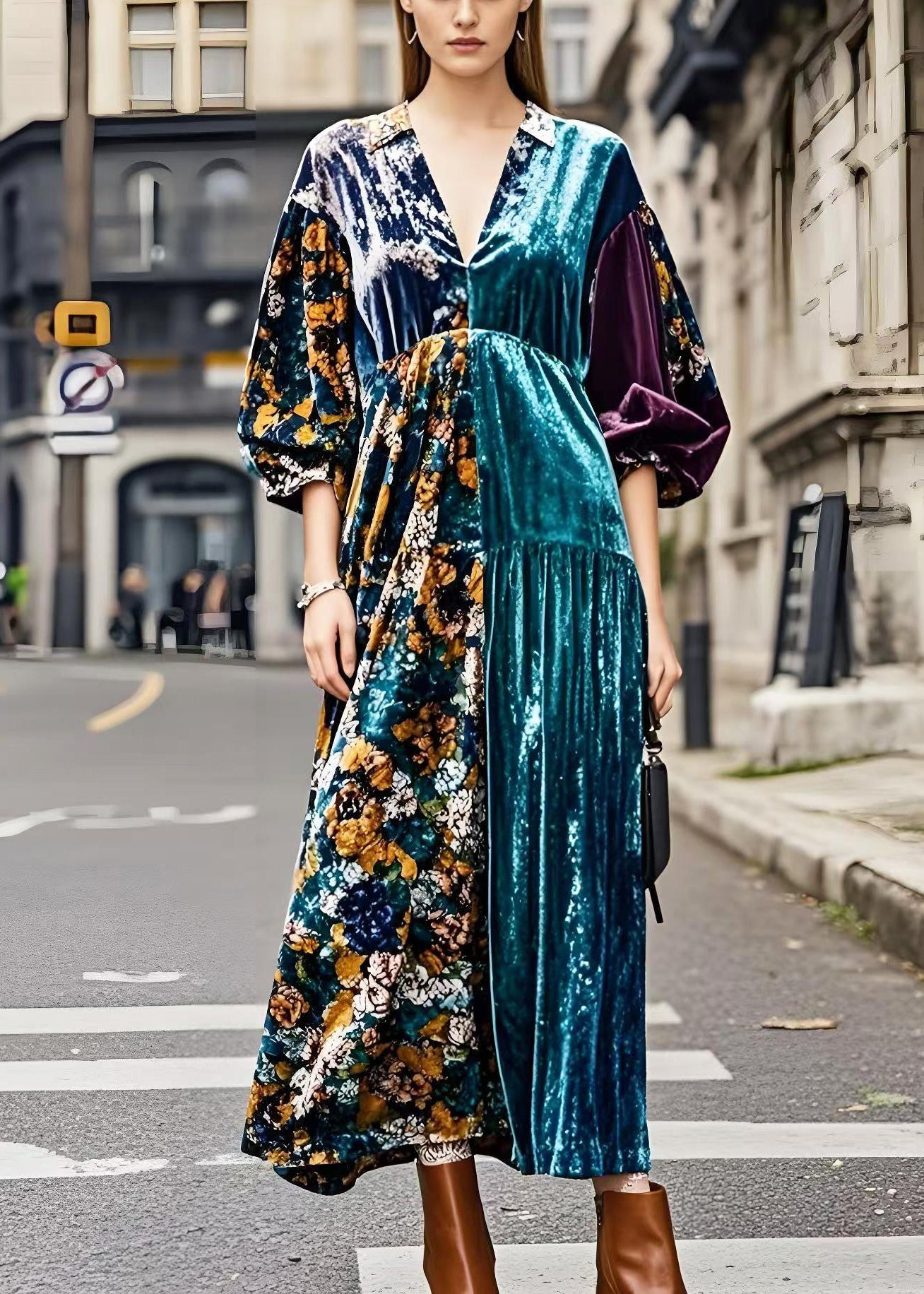 Colorblock V Neck Patchwork Silk Velvet Maxi Dresses Spring
