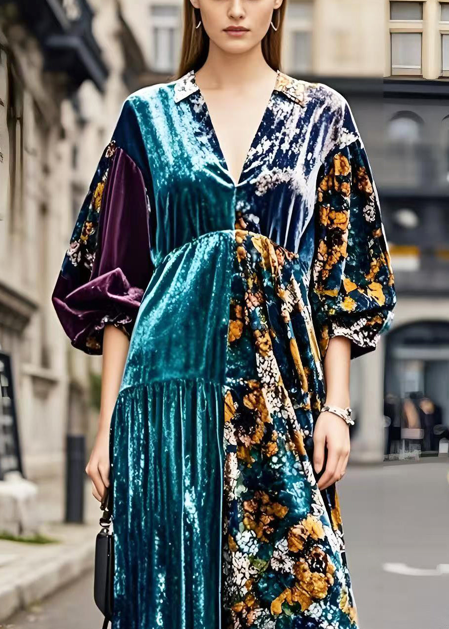 Colorblock V Neck Patchwork Silk Velvet Maxi Dresses Spring