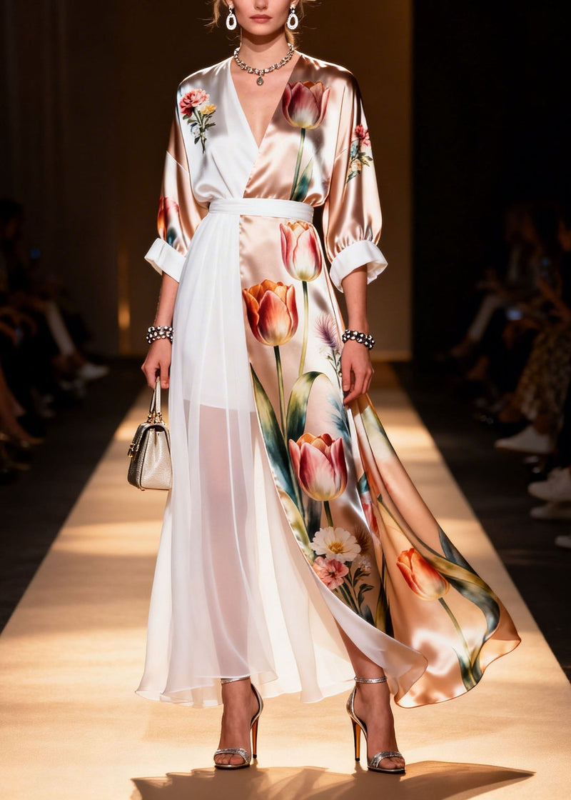 Colorblock V Neck Print Chiffon Dress Summer