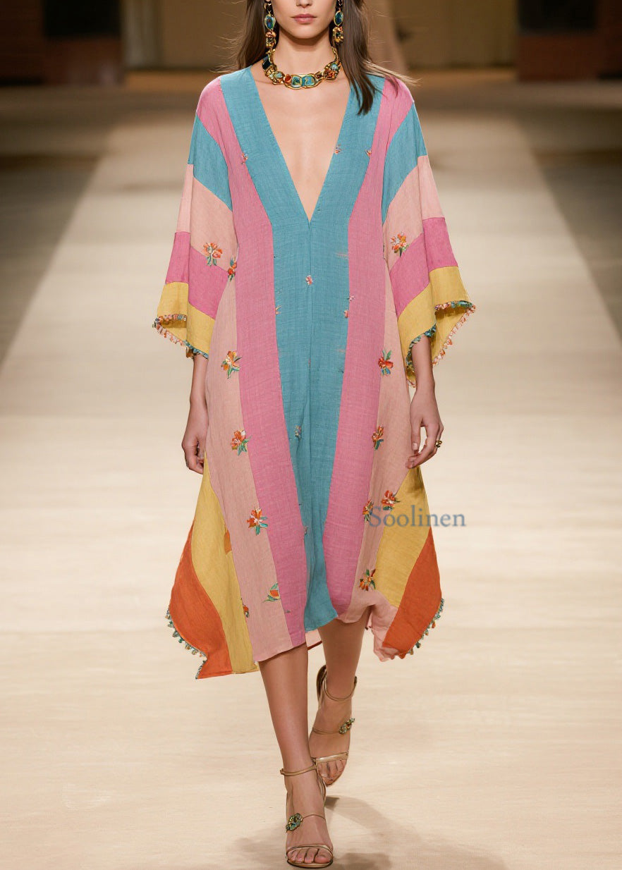 Colorblock V Neck Print Cotton Dress Summer