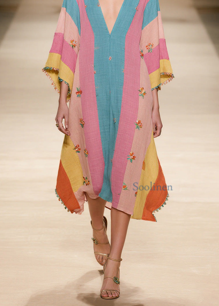 Colorblock V Neck Print Cotton Dress Summer