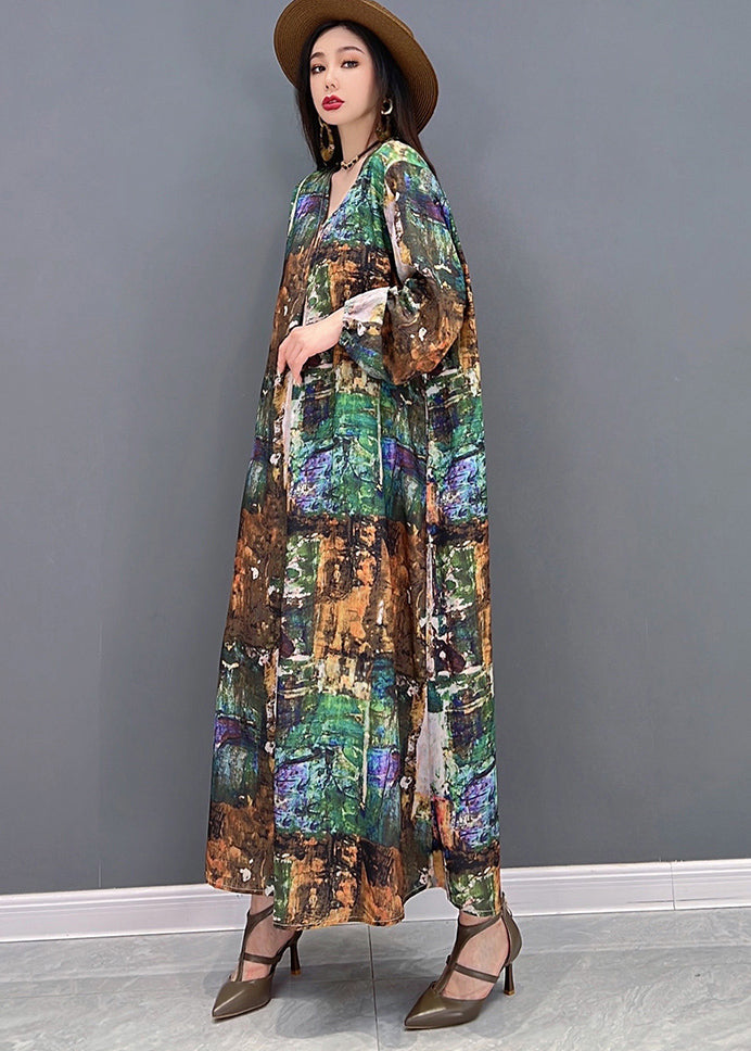 Colorblock V Neck Print Tie Waist Chiffon Holiday Dress Long Sleeve