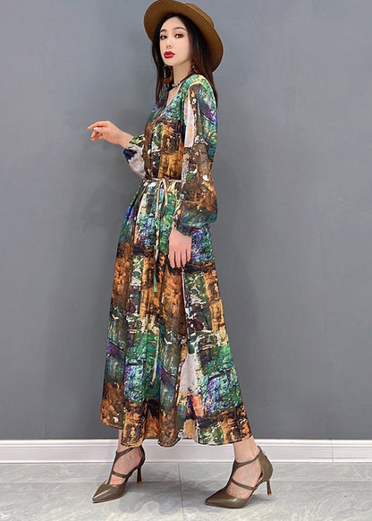 Colorblock V Neck Print Tie Waist Chiffon Holiday Dress Long Sleeve