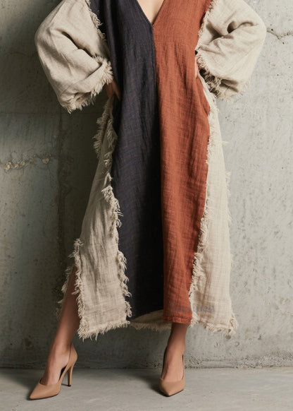 Colorblock V Neck Tassel Patchwork Cotton Dress Fall