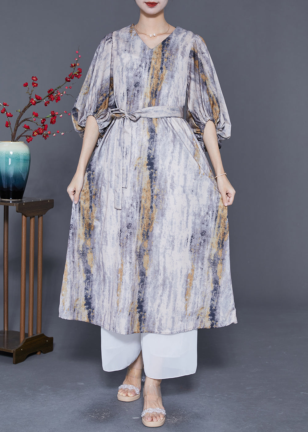 Colorblock V Neck Tie Dye Silk Dress Lantern Sleeve