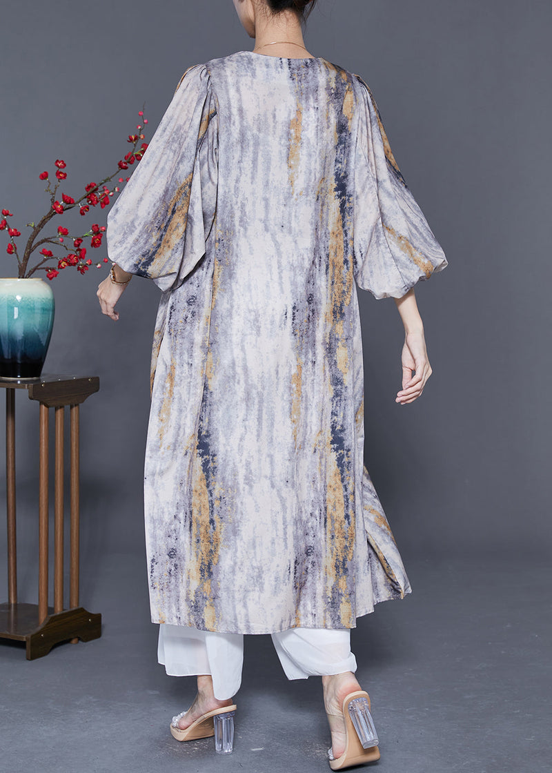 Colorblock V Neck Tie Dye Silk Dress Lantern Sleeve
