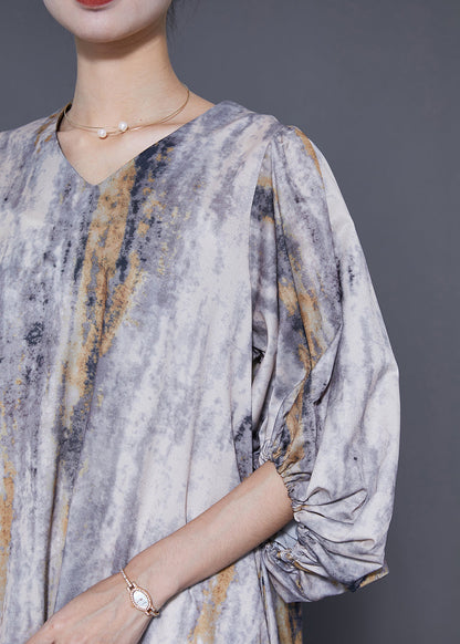 Colorblock V Neck Tie Dye Silk Dress Lantern Sleeve