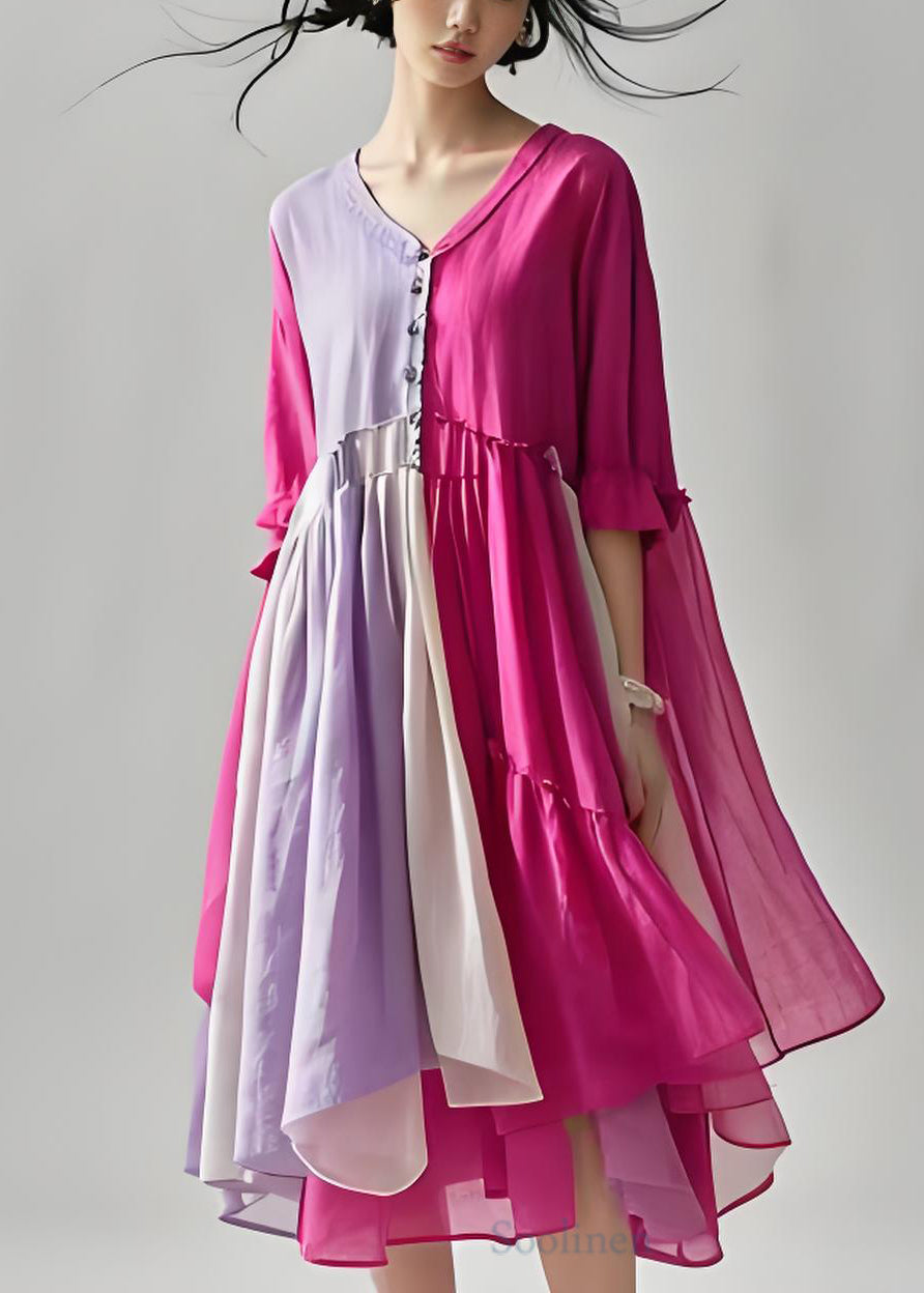 Colorblock V Neck Wrinkled Patchwork Cotton Dresses Summer