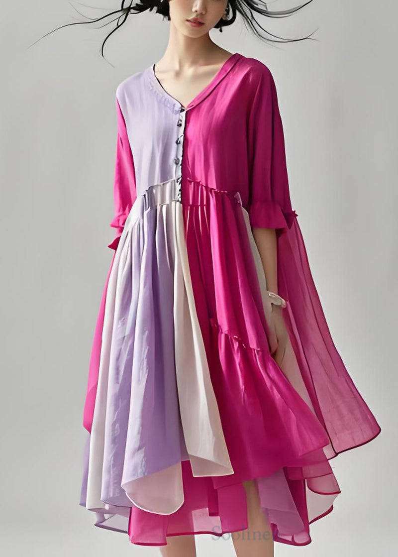 Colorblock V Neck Wrinkled Patchwork Cotton Dresses Summer