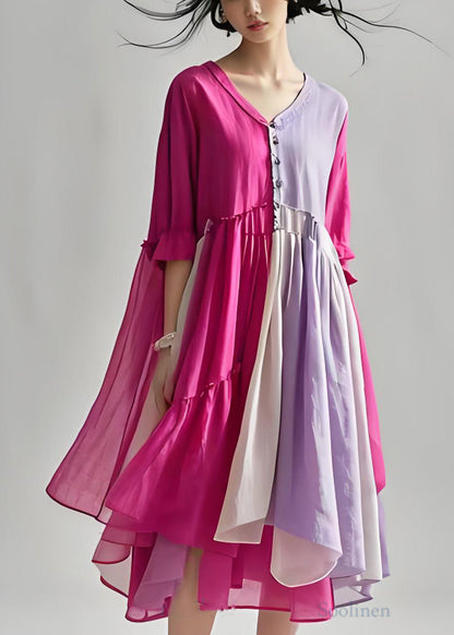 Colorblock V Neck Wrinkled Patchwork Cotton Dresses Summer