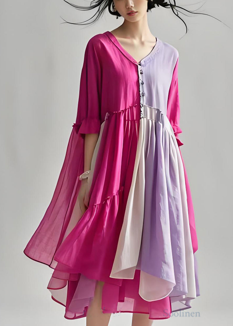 Colorblock V Neck Wrinkled Patchwork Cotton Dresses Summer