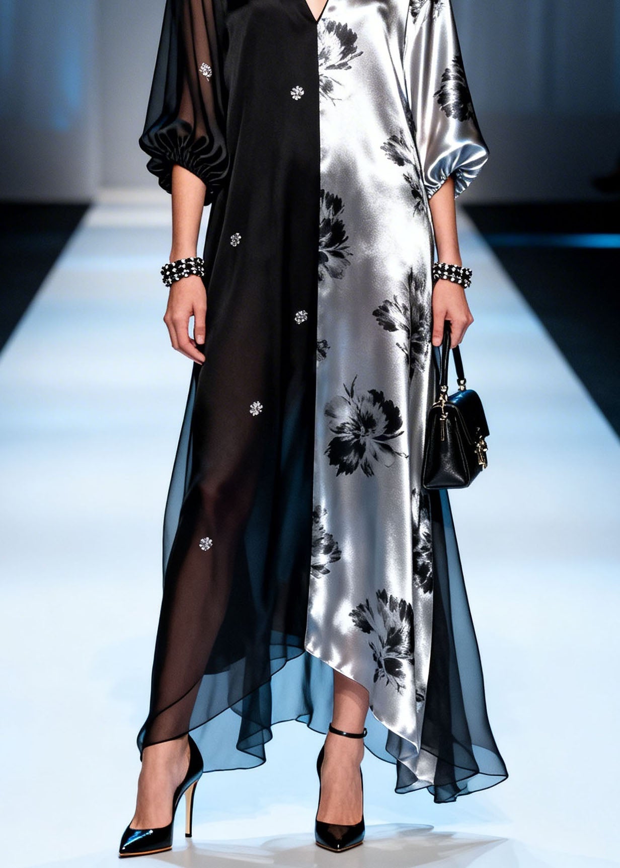 Colorblock V Neck Zircon Patchwork Chiffon Dress Summer