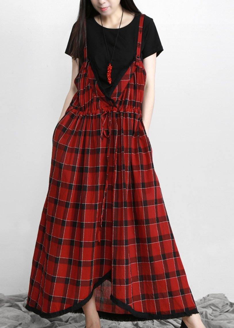 Cotton Red Plaid Italian Dress V Neck
