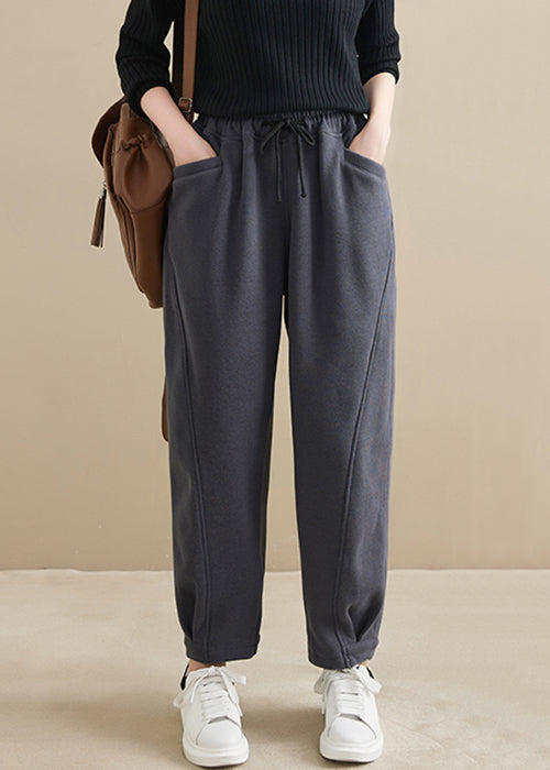 Dark Gray Pockets Elastic Waist Warm Fleece Crop Pants