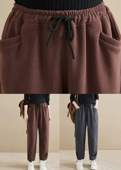 Dark Gray Pockets Elastic Waist Warm Fleece Crop Pants
