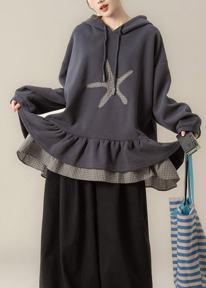 Plus Size Dark Grey False Two Pieces Patchwork Hooded Cotton Sweatshirts Spring