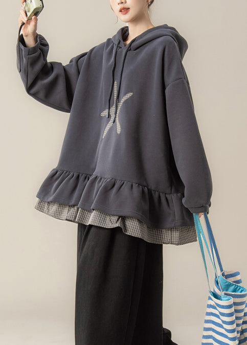 Plus Size Dark Grey False Two Pieces Patchwork Hooded Cotton Sweatshirts Spring
