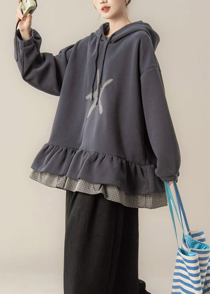 Plus Size Dark Grey False Two Pieces Patchwork Hooded Cotton Sweatshirts Spring