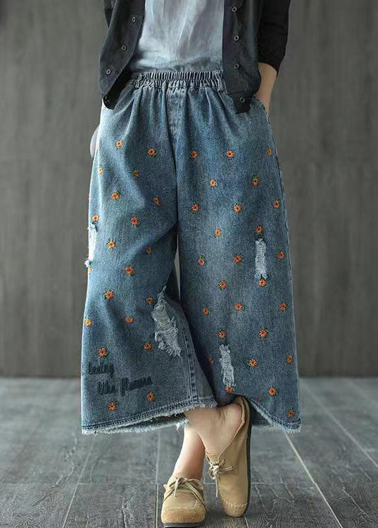 Denim Blue Elastic Waist Daisy Embroideried Hole Cotton Straight Pants Summer