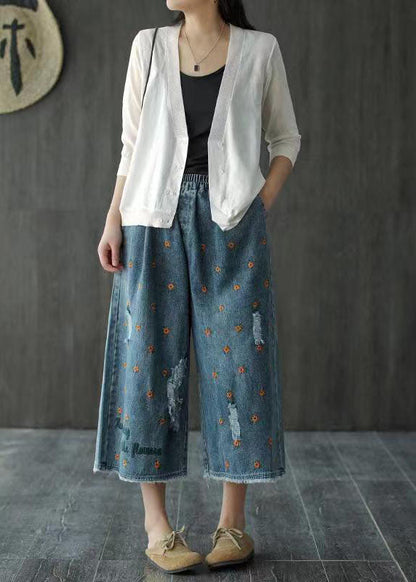Denim Blue Elastic Waist Daisy Embroideried Hole Cotton Straight Pants Summer