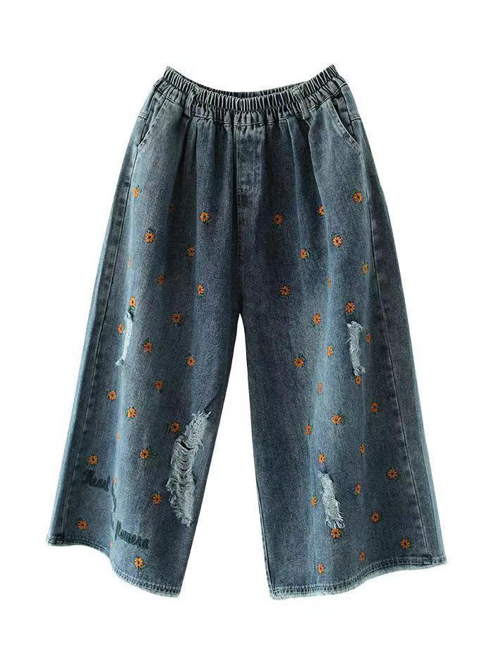 Denim Blue Elastic Waist Daisy Embroideried Hole Cotton Straight Pants Summer