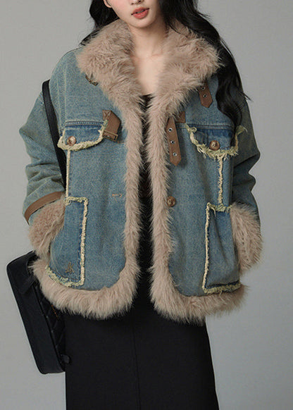 Denim Blue Fluffy Pockets Patchwork Cotton Filled Parkas Winter