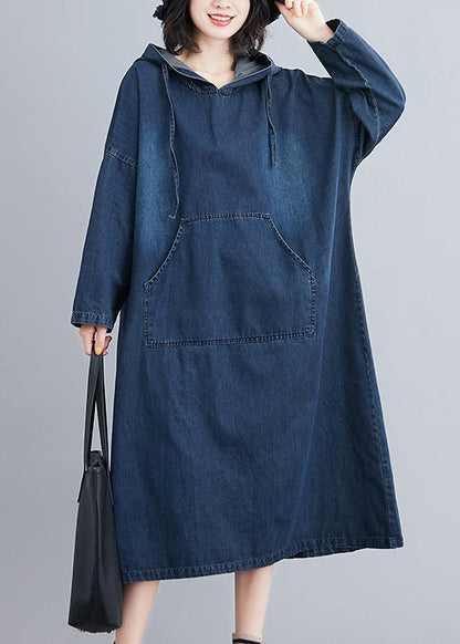 Denim Blue Hooded Pockets Denim Long Dress Fall