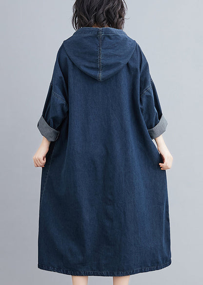 Denim Blue Hooded Pockets Denim Long Dress Fall