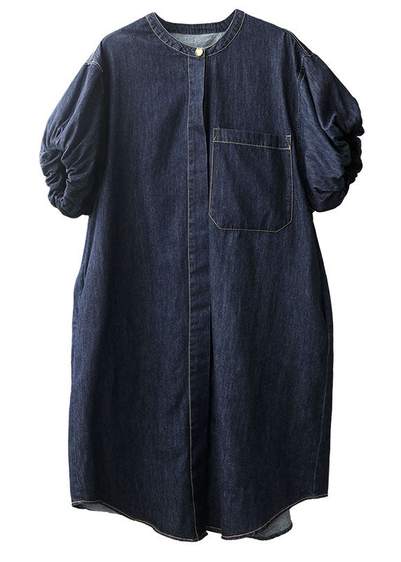Denim Blue O-neck Pocket Color Cotton Holiday Dress Puff Sleeve