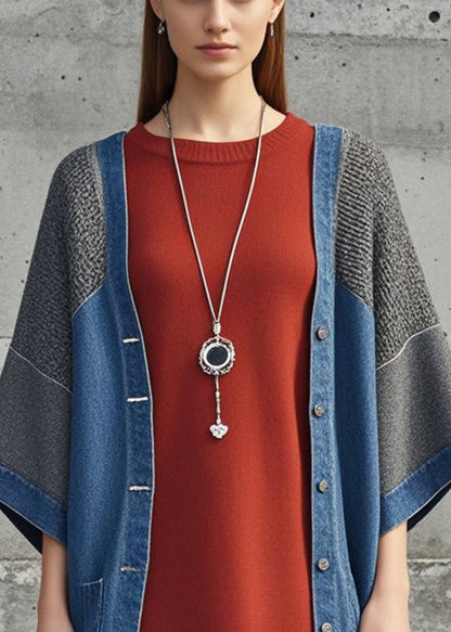 Denim Blue Oversized Patchwork Knit Cardigan Fall