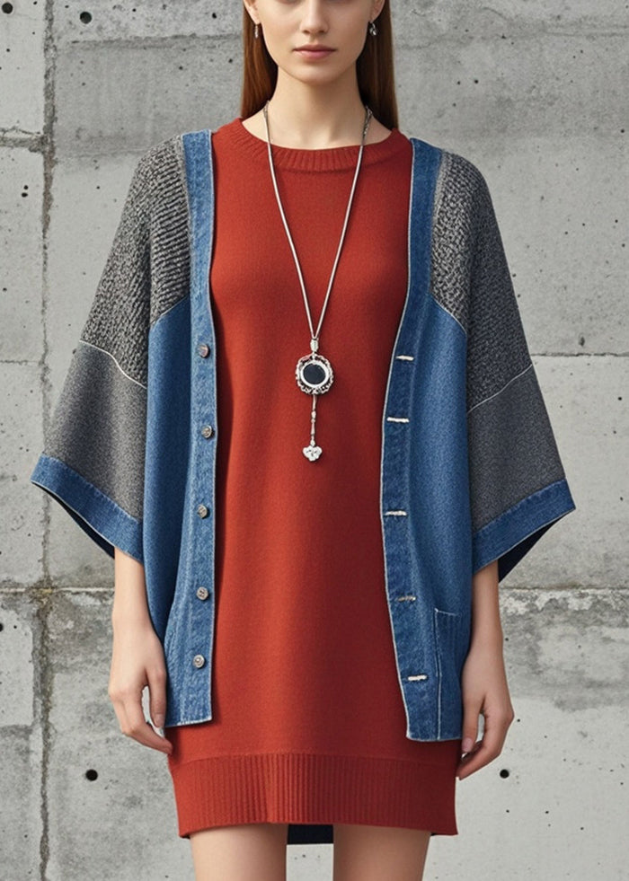 Denim Blue Oversized Patchwork Knit Cardigan Fall
