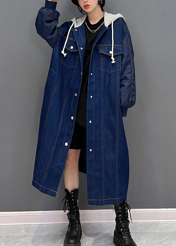 Denim Blue Patchwork Button Hooded Coat Fall