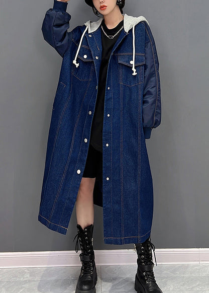 Denim Blue Patchwork Button Hooded Coat Fall