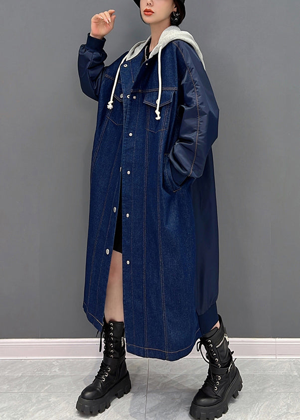 Denim Blue Patchwork Button Hooded Coat Fall