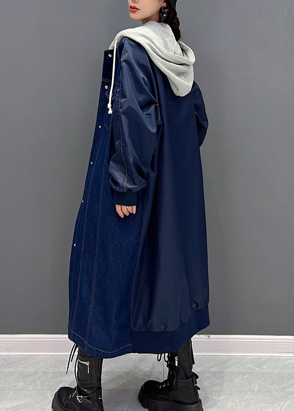 Denim Blue Patchwork Button Hooded Coat Fall