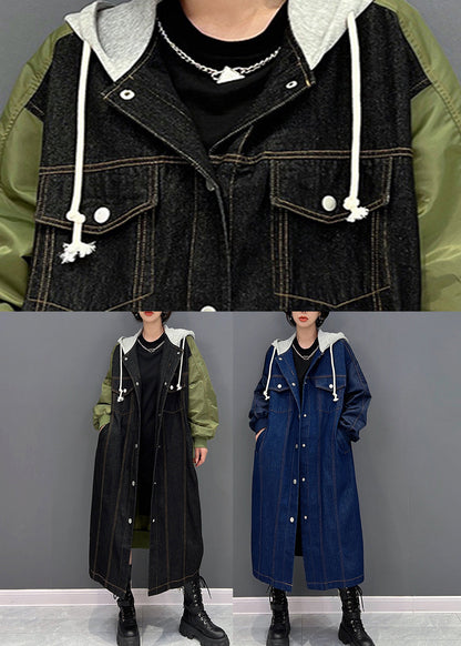 Denim Blue Patchwork Button Hooded Coat Fall