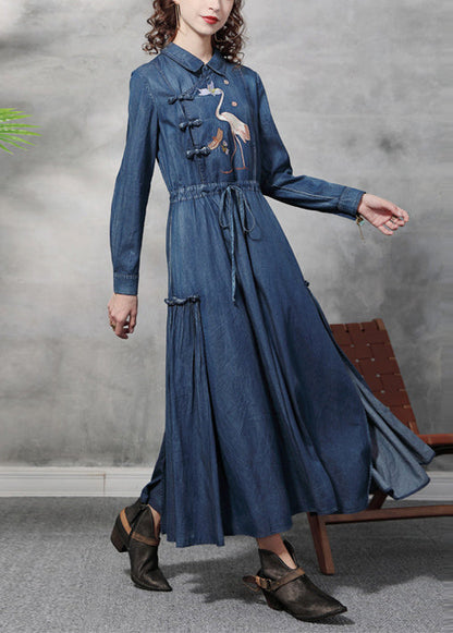 Denim Blue Peter Pan Collar Embroideried Ruffled Drawstring Cotton Oriental Dresses Long Sleeve