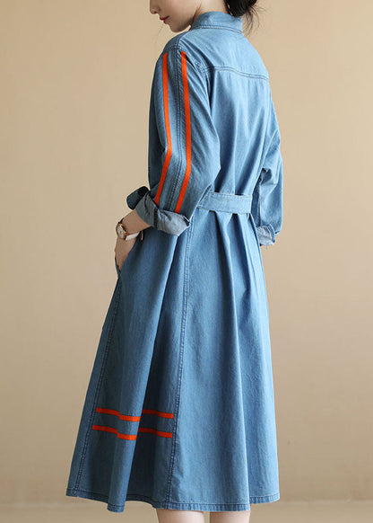 Denim Blue Pockets Patchwork Tie Waist Cotton Long Dress Long Sleeve