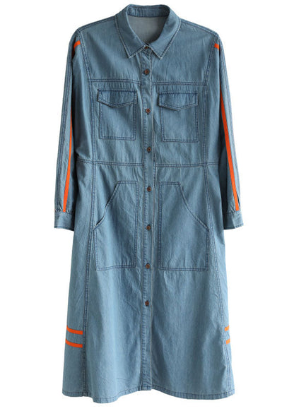 Denim Blue Pockets Patchwork Tie Waist Cotton Long Dress Long Sleeve