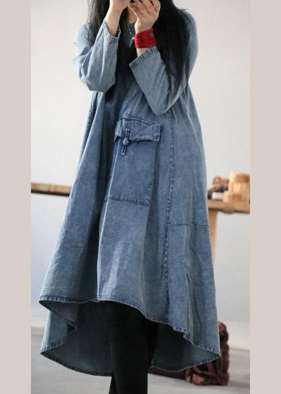 Denim Blue U Neck Dress Large Hem Spring Mid Dress
