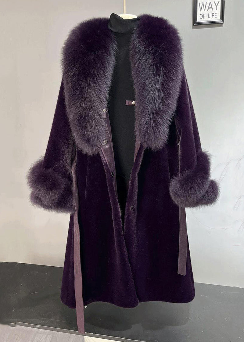 Dull Purple Fox Collar Tie Waist Mink Velvet Trench Winter