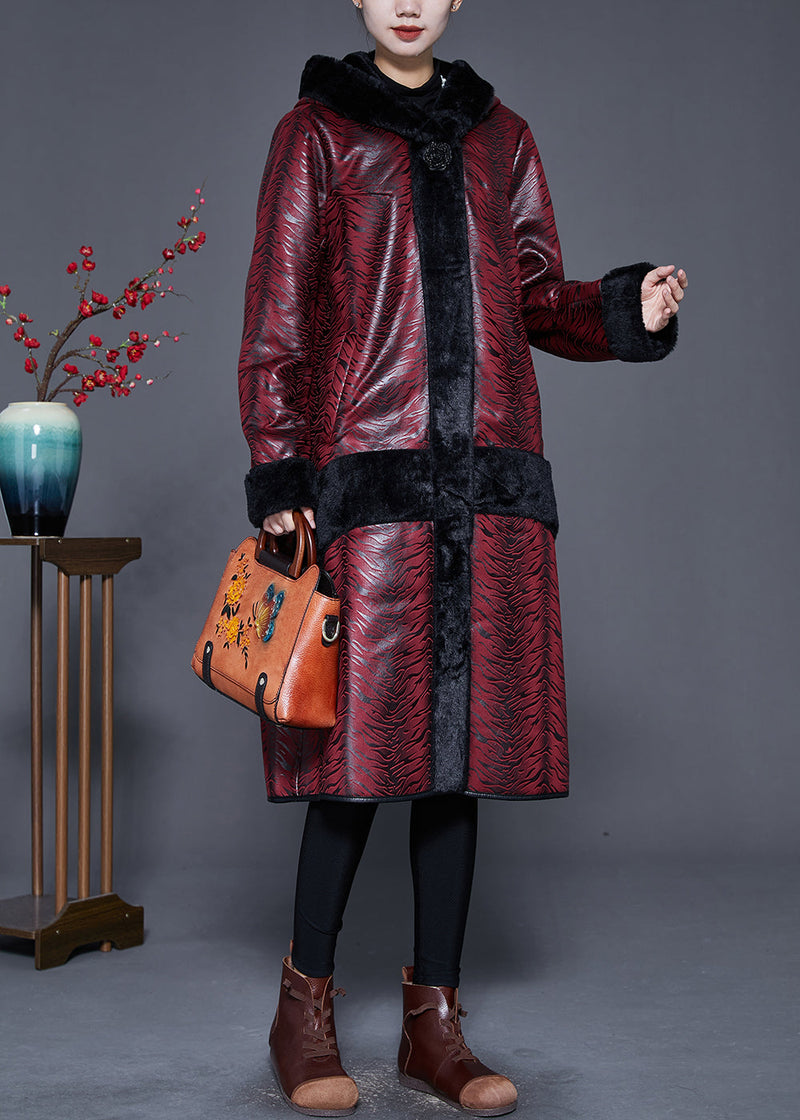 Dull Red Hooded Patchwork Warm Fleece Coats Winter