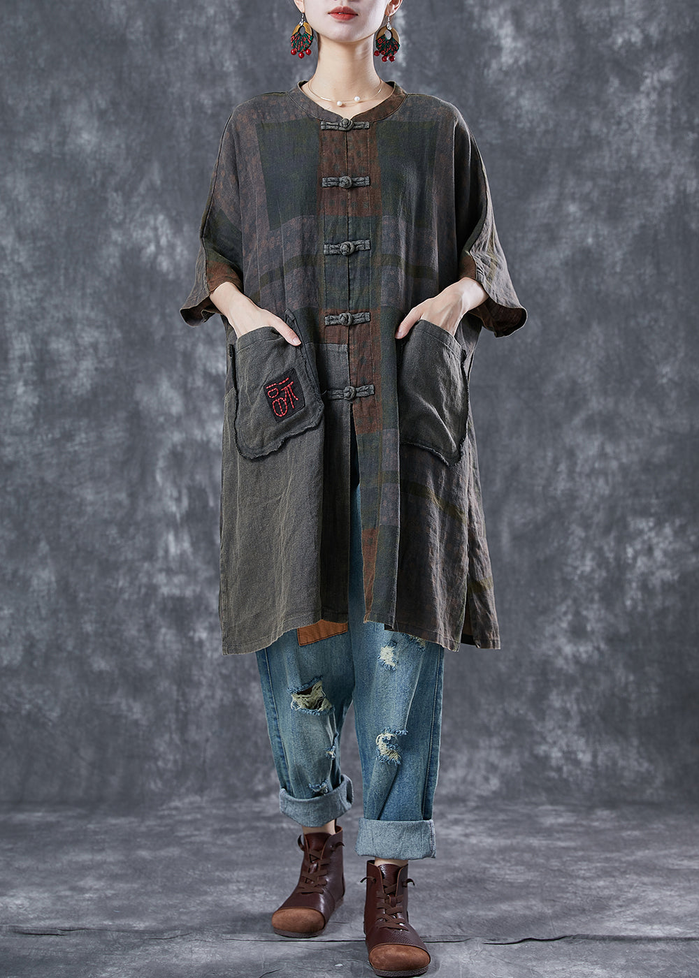 Embroideried Chinese Button Pockets Linen Trench Summer