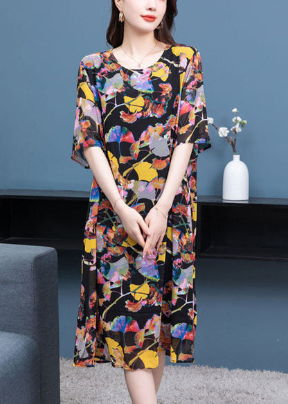 O Neck Wrinkled Patchwork Chiffon Dresses Summer