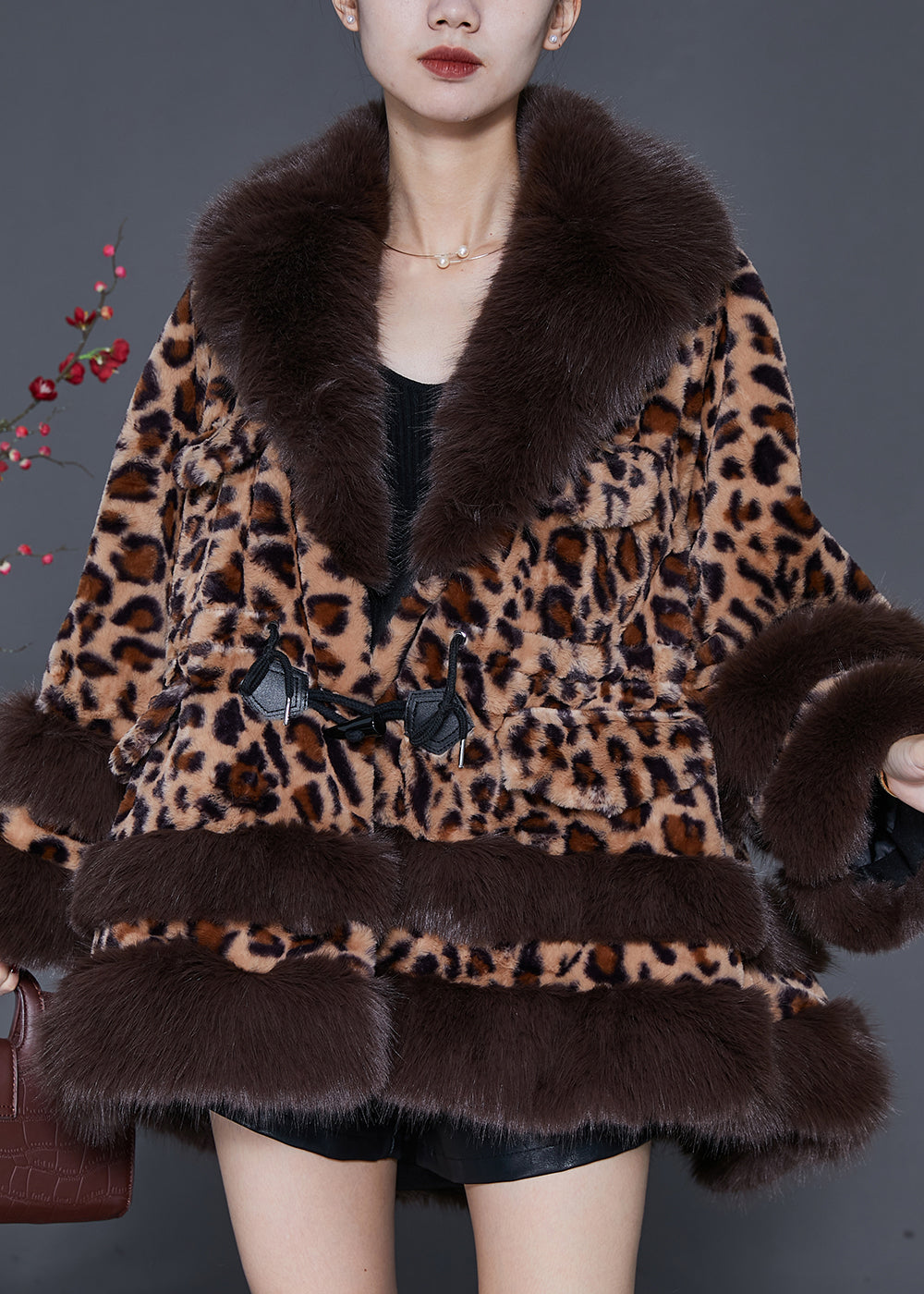 Fur Collar Leopard Drawstring Mink Velvet Trench Spring