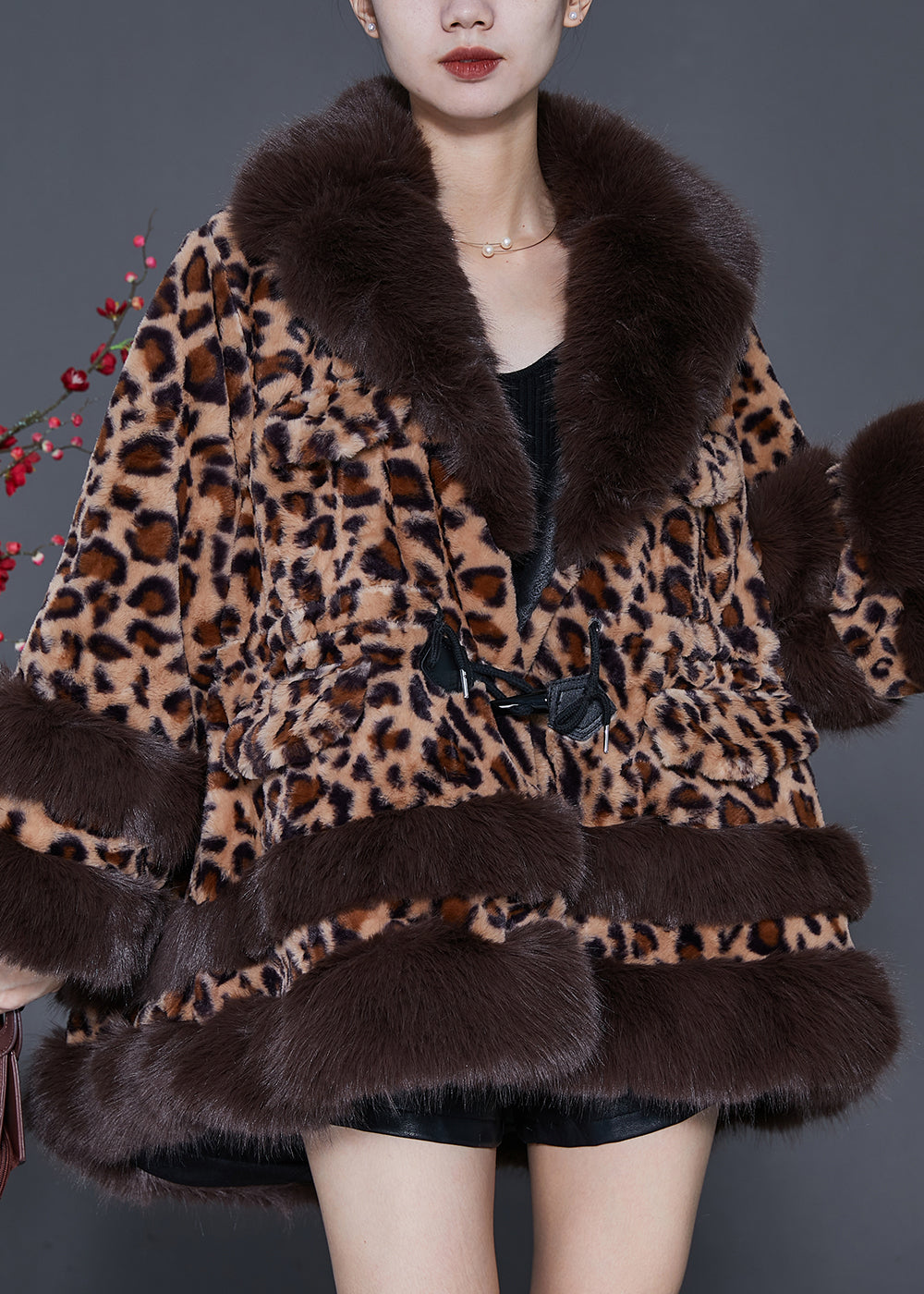 Fur Collar Leopard Drawstring Mink Velvet Trench Spring