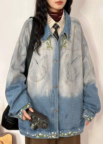 Gradient Color Embroidered Pockets Denim Coats Spring