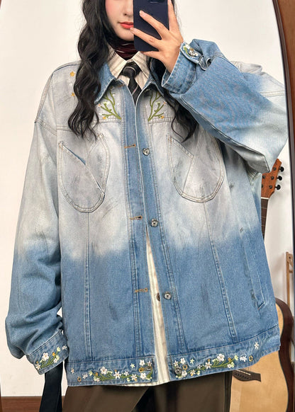 Gradient Color Embroidered Pockets Denim Coats Spring