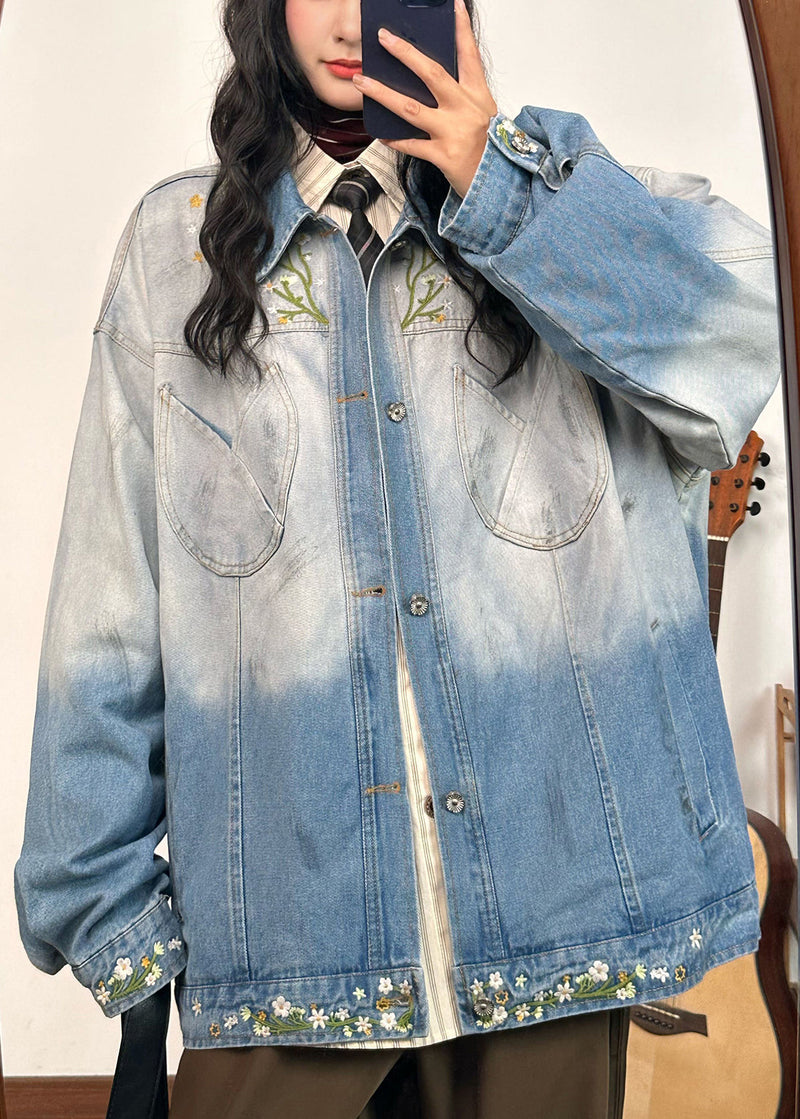 Gradient Color Embroidered Pockets Denim Coats Spring