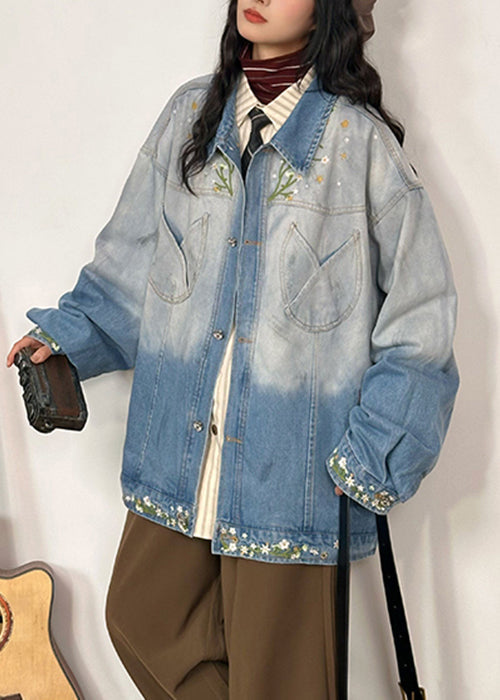 Gradient Color Embroidered Pockets Denim Coats Spring